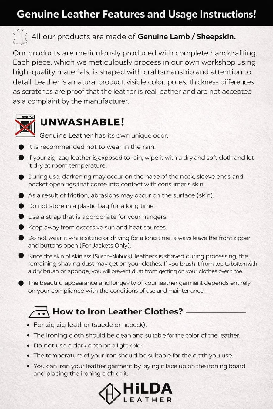Hilda Leather Roxanne trench coat — model wearing oversized black leather coat care instructions