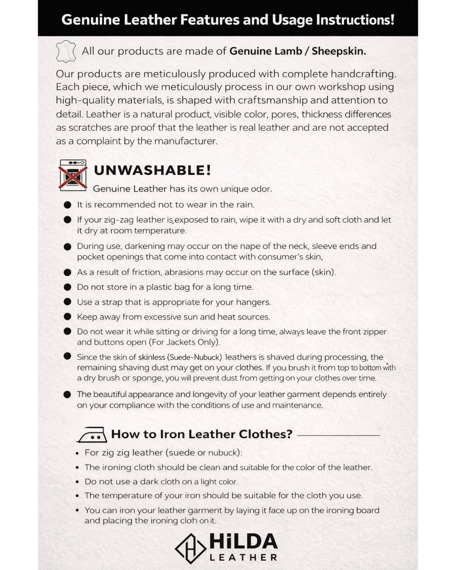 Sheet of paper with Hilda Leather genuine leather features and usage instructions.
