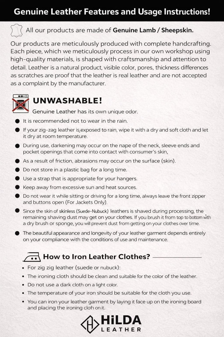 Hilda Leather Venice jacket — genuine leather care instructions