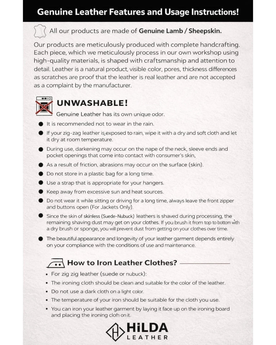 Sheet of paper with Hilda Leather features and usage instructions.