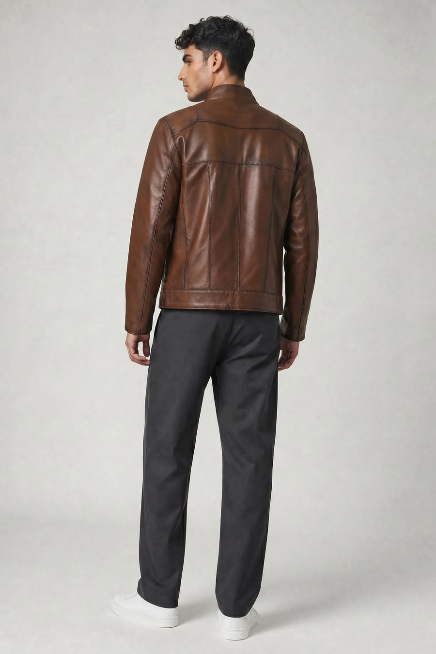 Metin2 Brown sport leather jacket back view on model  – handcrafted in Turkey – Hilda Leather