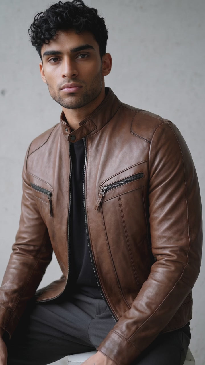 Men's brown genuine leather jacket Metin2 – side view showing zip chest pockets – Hilda Leather Antalya Turkey