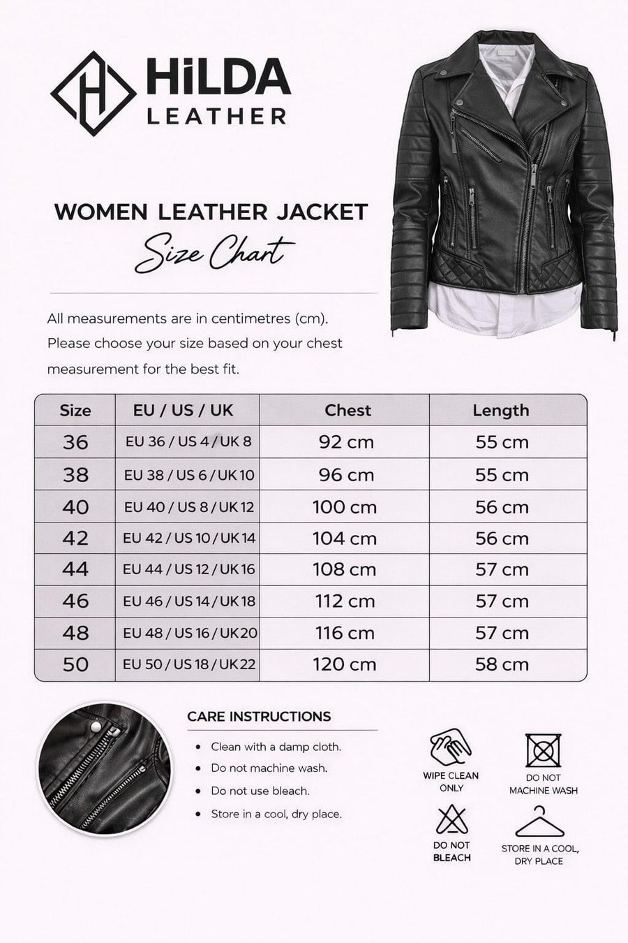 Hilda Leather Venice jacket — size chart for EU 36–44